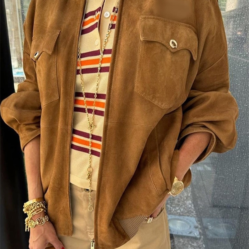 Vintage Brown Zipper Long Sleeved Demi-season Jacket For Women Fashion Stand Collar Suede Leather Coats Autumn Lady Streetwear 240921