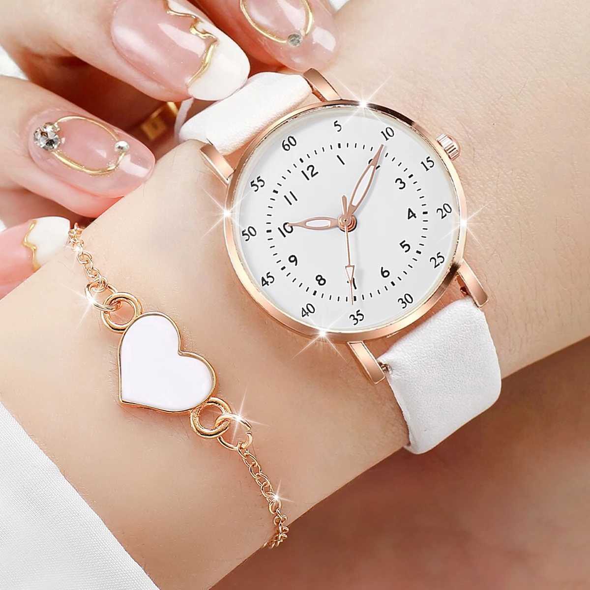 5pcs/set Fashion Women Leather Strap Analoge Watch Love Heart Jewelry SetX240923
