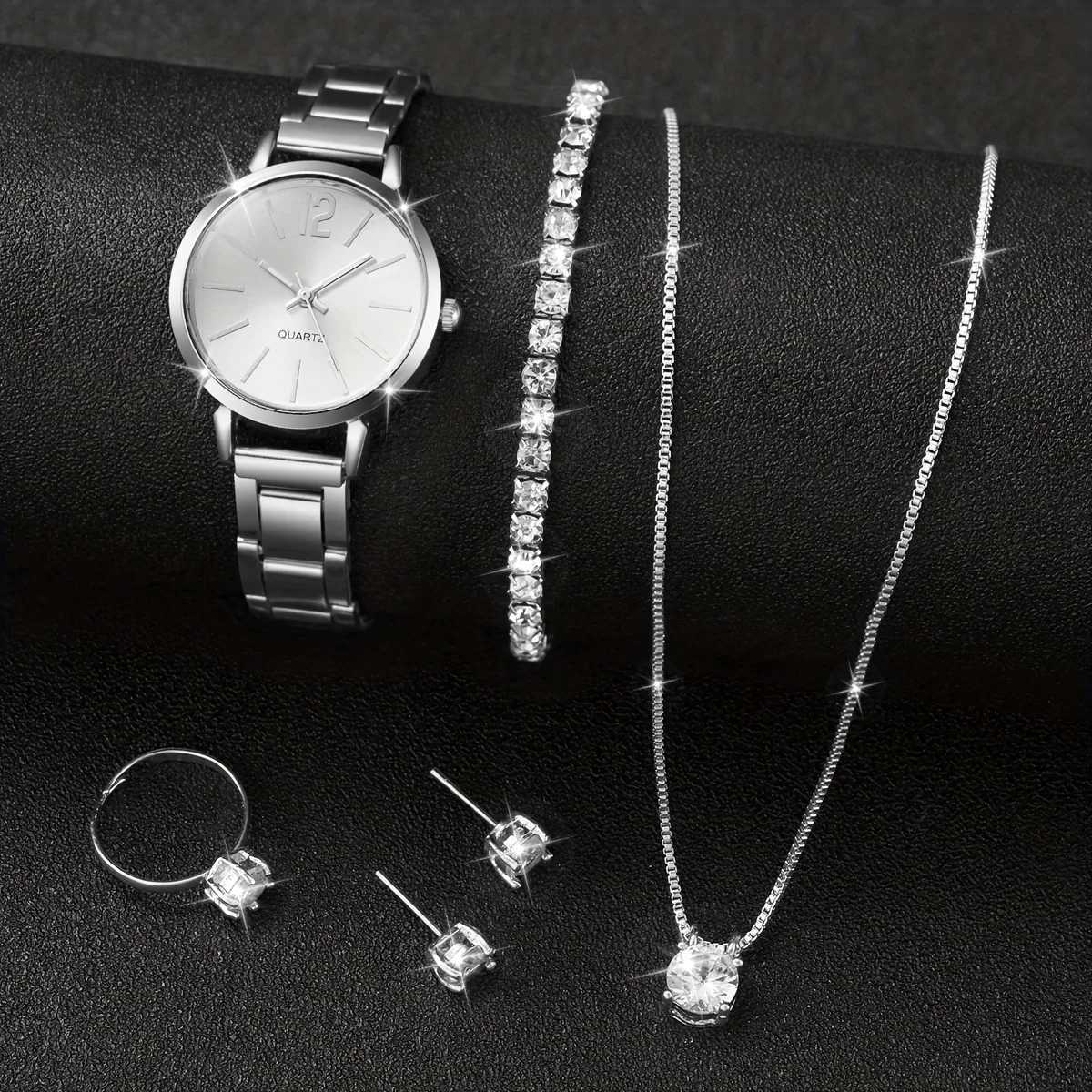 6PCS/Set Fashion Womens Quartz Watch Stainless Steel Band Wrist Watches Diamond Jewelry Set(Without Box)X240923