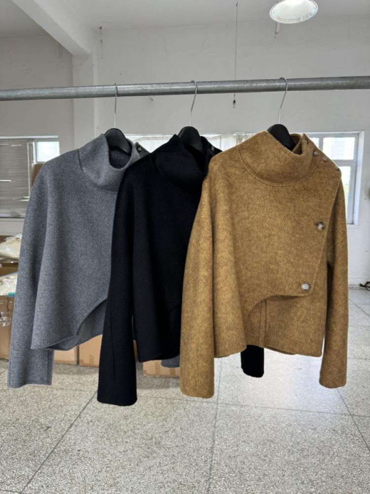 Stand Collar Office Lady Short Design Feeg Woolen Jackets 2024 Autumn And Winter Single Breasted Loose Women Wool Coats