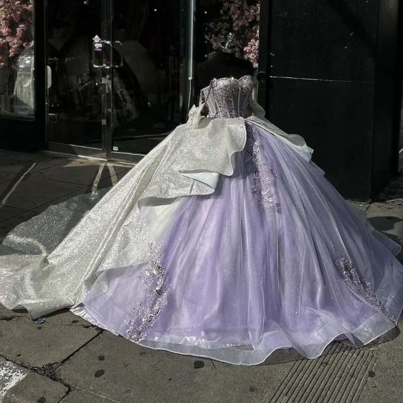 Lilac Shiny Sweetheart Quinceanera Dresses Beads Applique Lace Tull Off The Shoulder Sweet 16 Dress Birthday Party Ball Gowns Vestidos De 15 Anos
