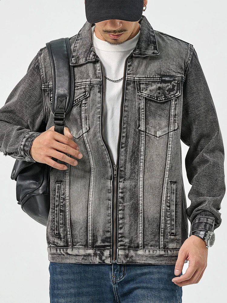 Mens Fashion Denim Jacket Smoke Grey Zipper and Comfortable Fit 240921