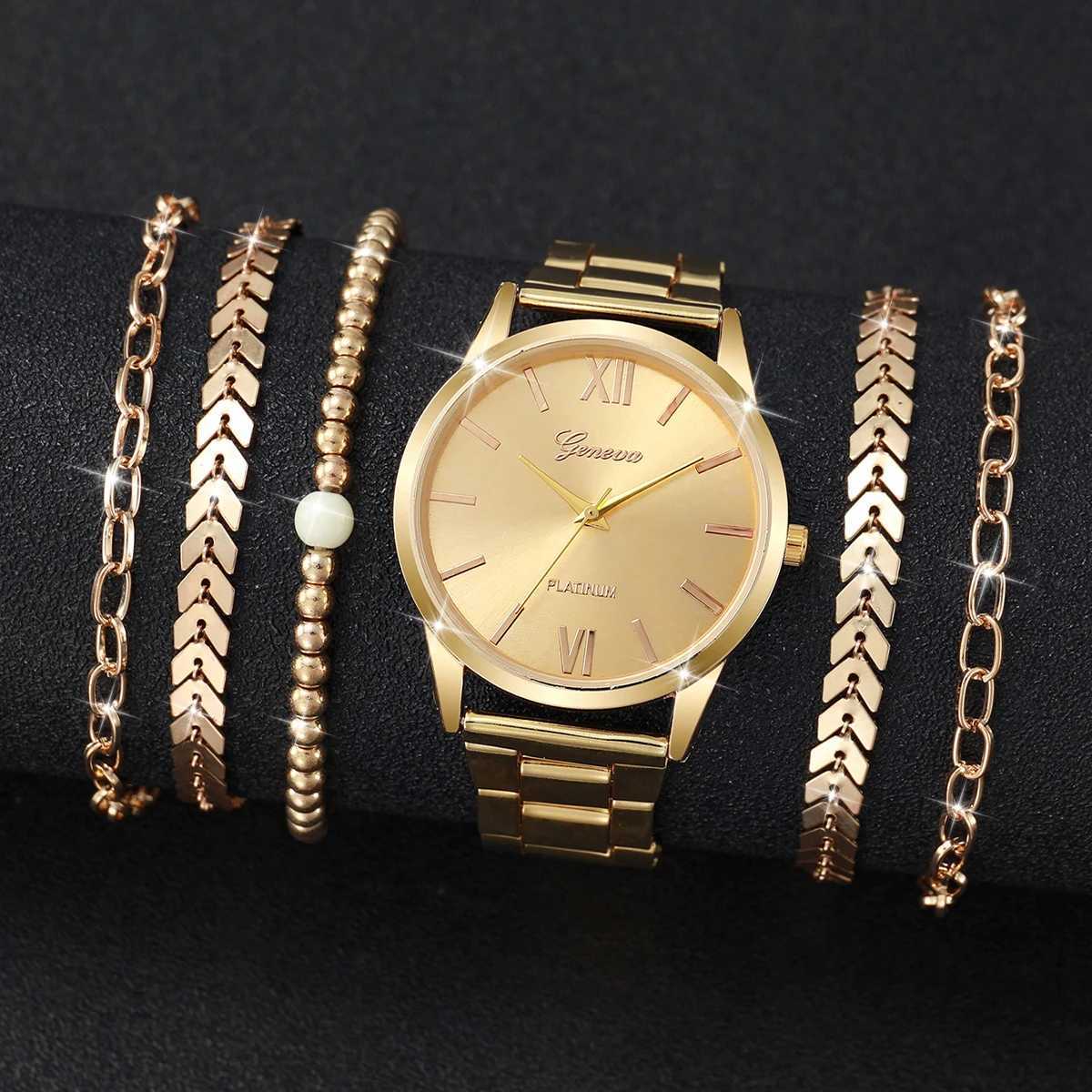 6PCS Womens Watch Fashion Gold Steel Band Quartz Watches Bracelets SetWithout BoxX240923