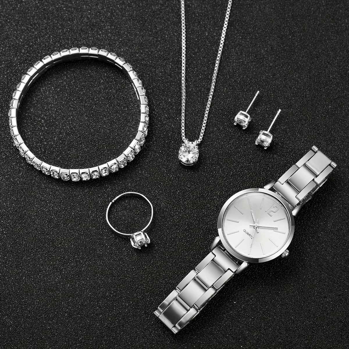 6PCS/Set Fashion Womens Quartz Watch Stainless Steel Band Wrist Watches Diamond Jewelry Set(Without Box)X240923
