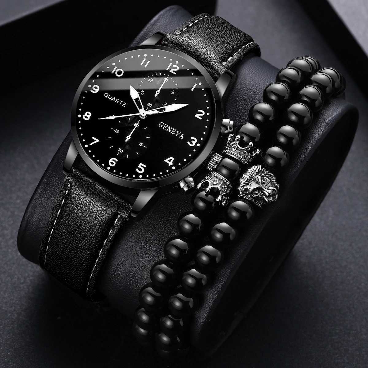 3PCS/Set Mens Watch Casual Leather Band Quartz Watches Beads Bracelets SetWithout BoxX240923