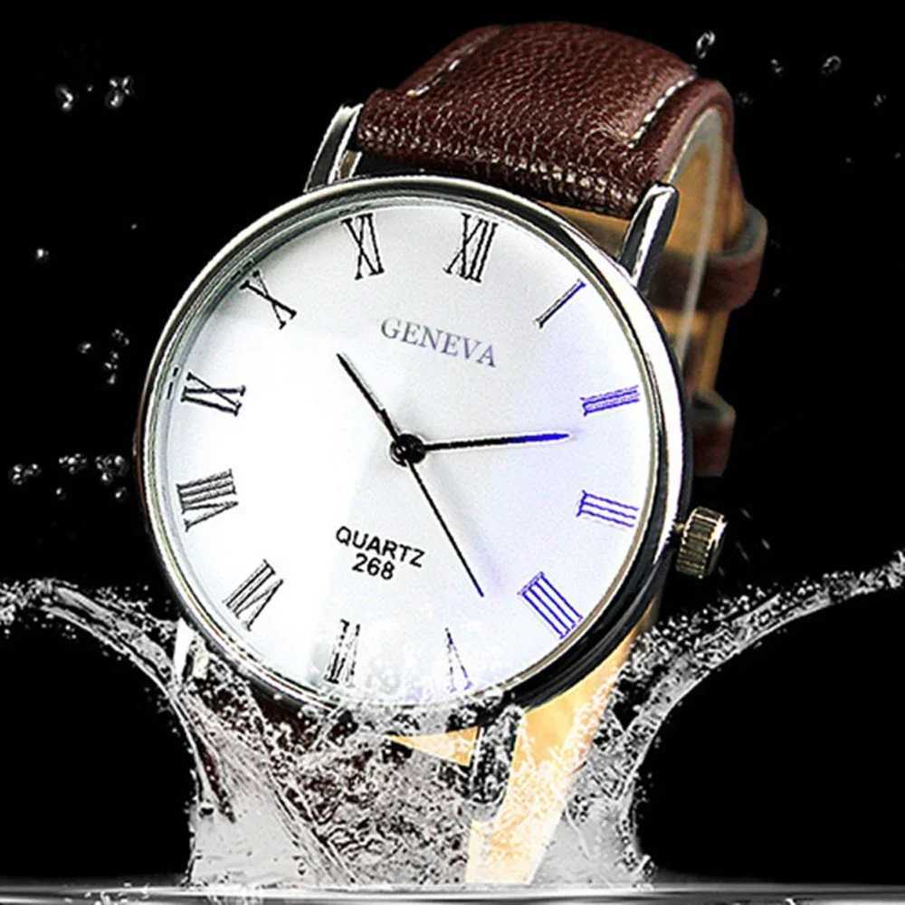 Classic retro Geneva mens watch analog business quartz watch Roman numerals blue light synthetic leather strap W240923