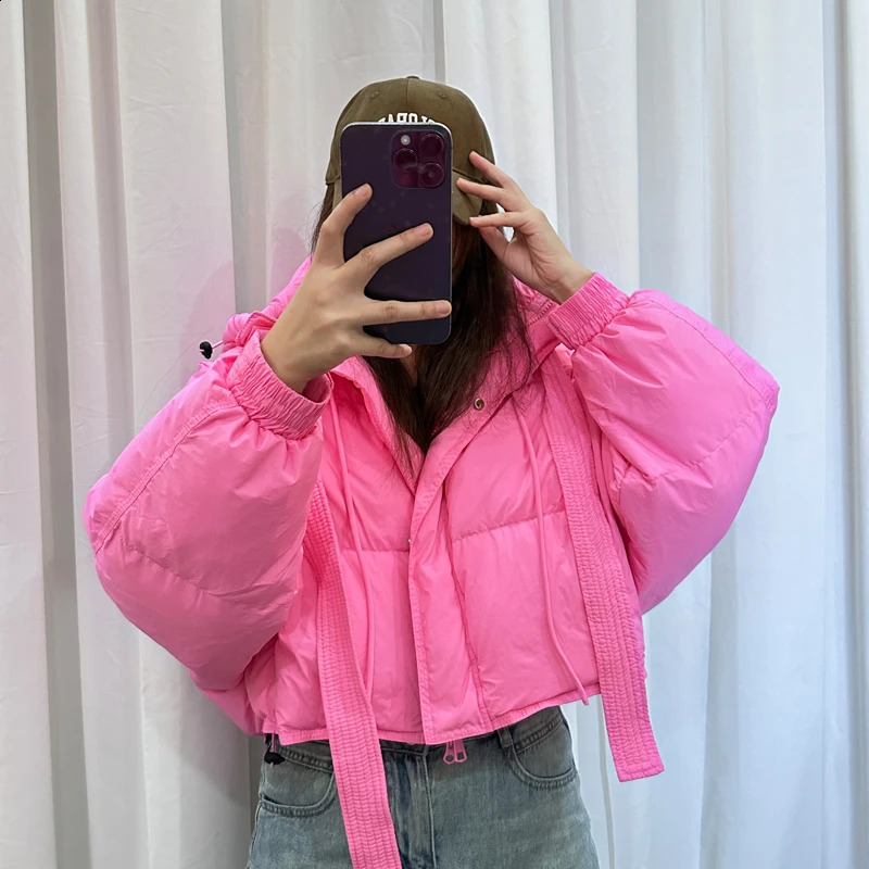 Loose Hoodie Purple Short Sleeve Womens Jacket Winter Casual Bat White Duck Down Thick Puff Coat 240921