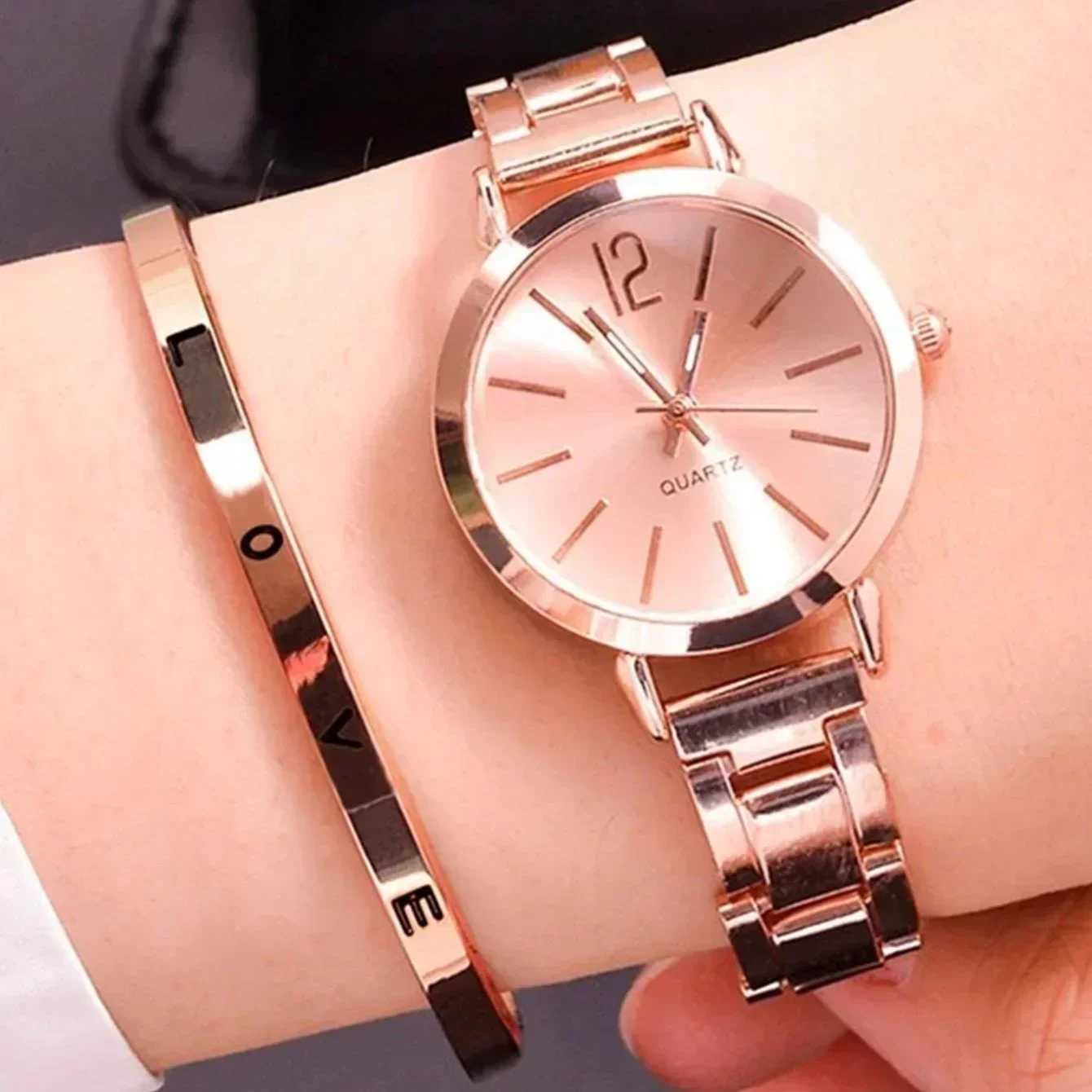 2pcs Bracelet Watch Set Ladies Fashion Simple Digital Alloy with Quartz Watch LOVE Bracelet Stainless Steel Women Watches GiftX240923