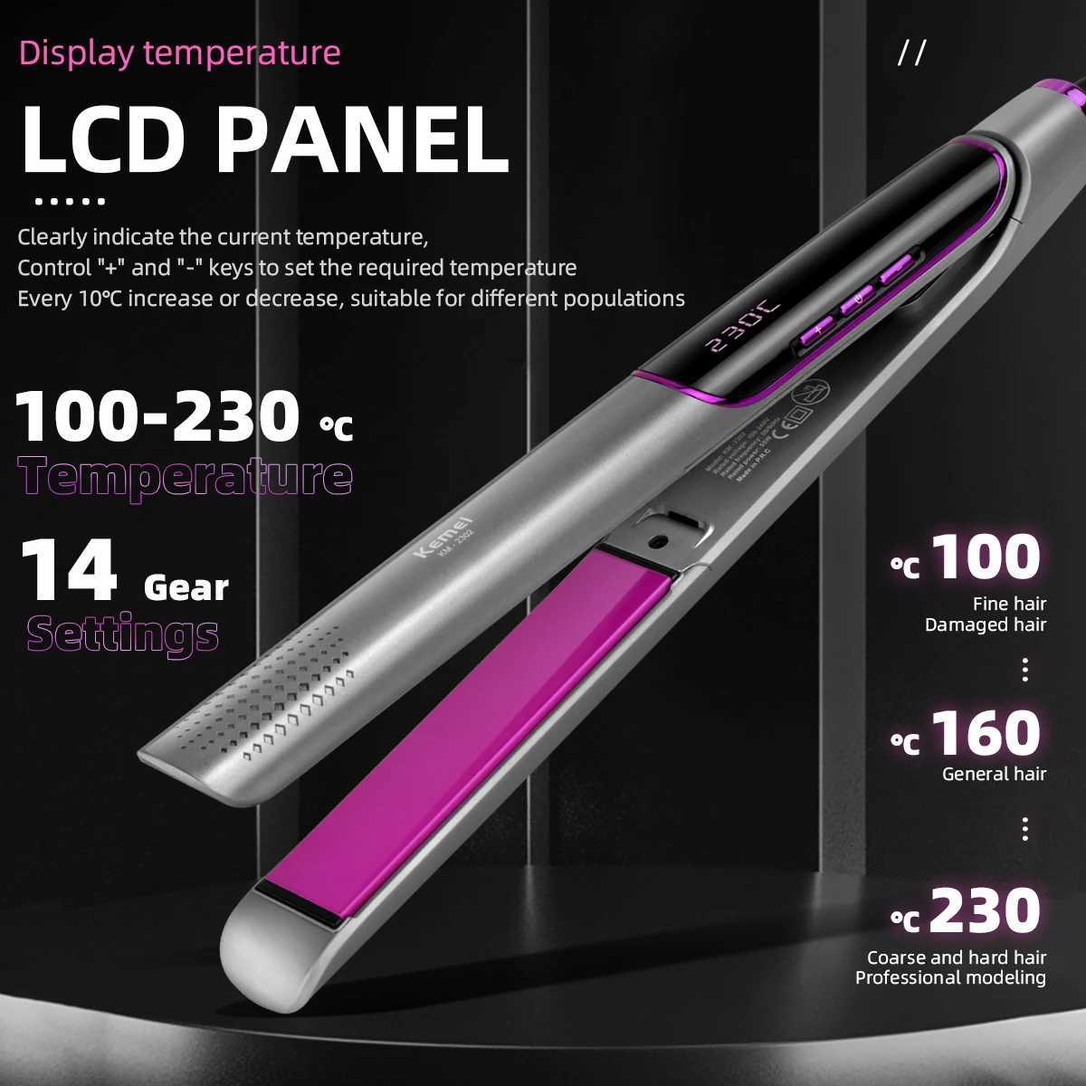 KEMEI anti-static flat iron straightener with LCD panel professional salon model womens ceramic straightener CL240923