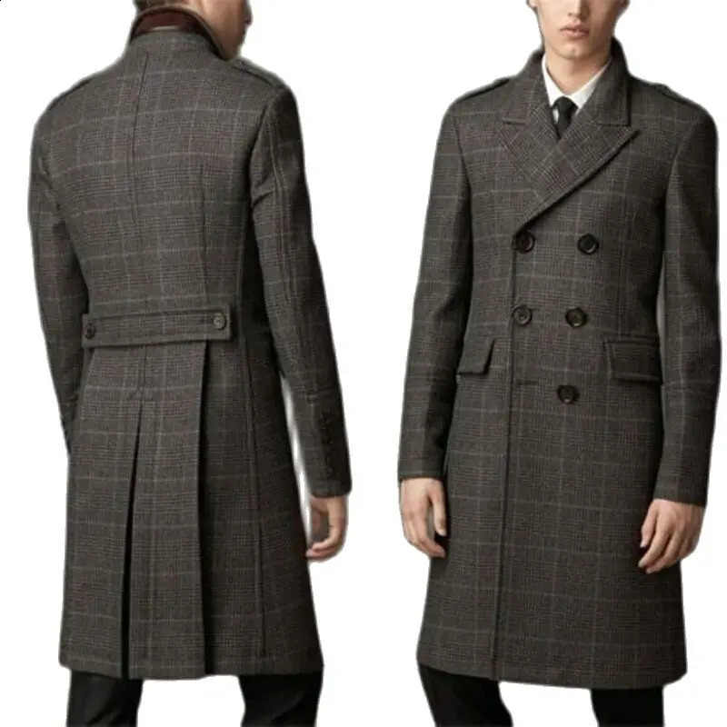 Wool blend jacket mens winter jacket double chest plaid business long jacket plus size warm formal business customization 240923