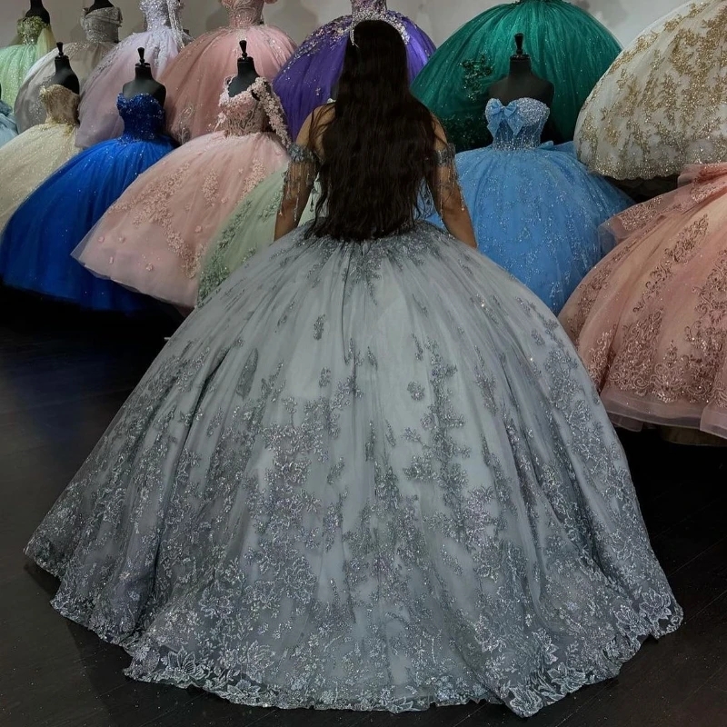 Grey Off Shoulder Quinceanera Dresses Sequin Lace Applique Beads Crystal Tull Birthday Party Sweet 16 Princess Ball Gowns Vestidos De 15 Anos