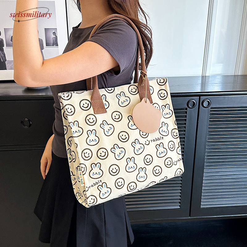 Large capacity canvas shoulder with bunny print tote for female office workers, cute student bag #28 Swissmilitary