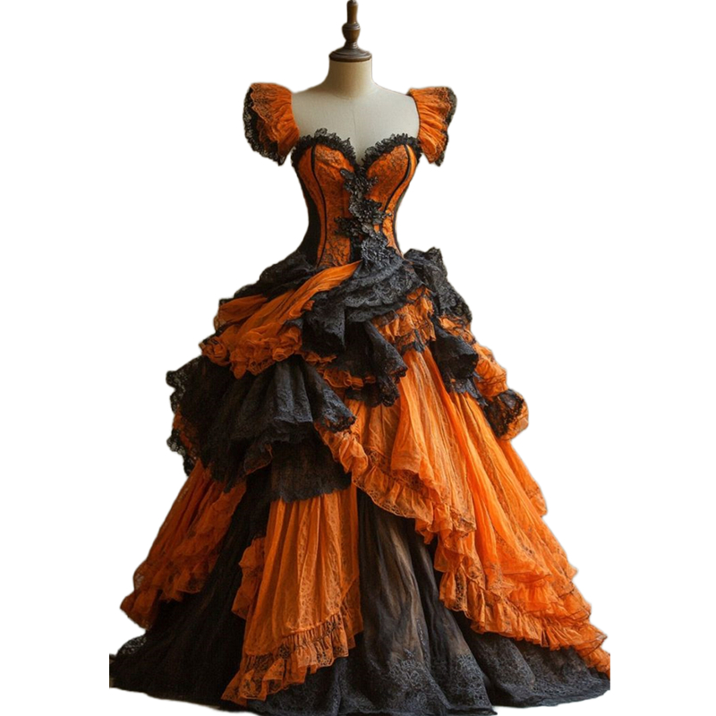 Vintage Victorian Prom Dresses Black And Orange Contrast Color Lace Appliques Ruffle Short Sleeves Floor Length Ball Gown Gothic Special Occasion Part