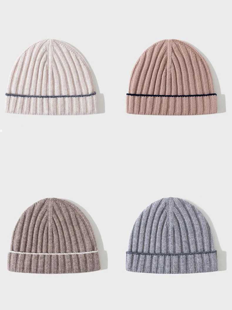 Beanie/Skull Caps Contrast Trim Ribbed Wool Beanie Men Women Knitted Winter Hat J240923