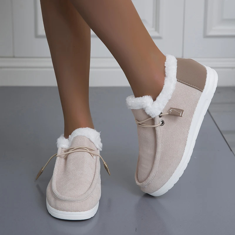 2024 New Womens Winter Ankle Slip on Suede Snow Boots Plush Natural Fur Warm Cotton Outdoor Casual Ladies Flat Shoes