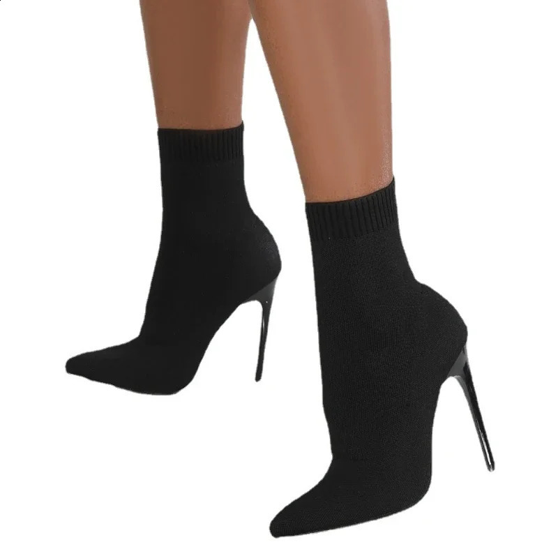 Short High Shoes For Autumn Winter Botas Mujer Knitted Ankle Black Sock Women Heels Boots Female 240921 c078