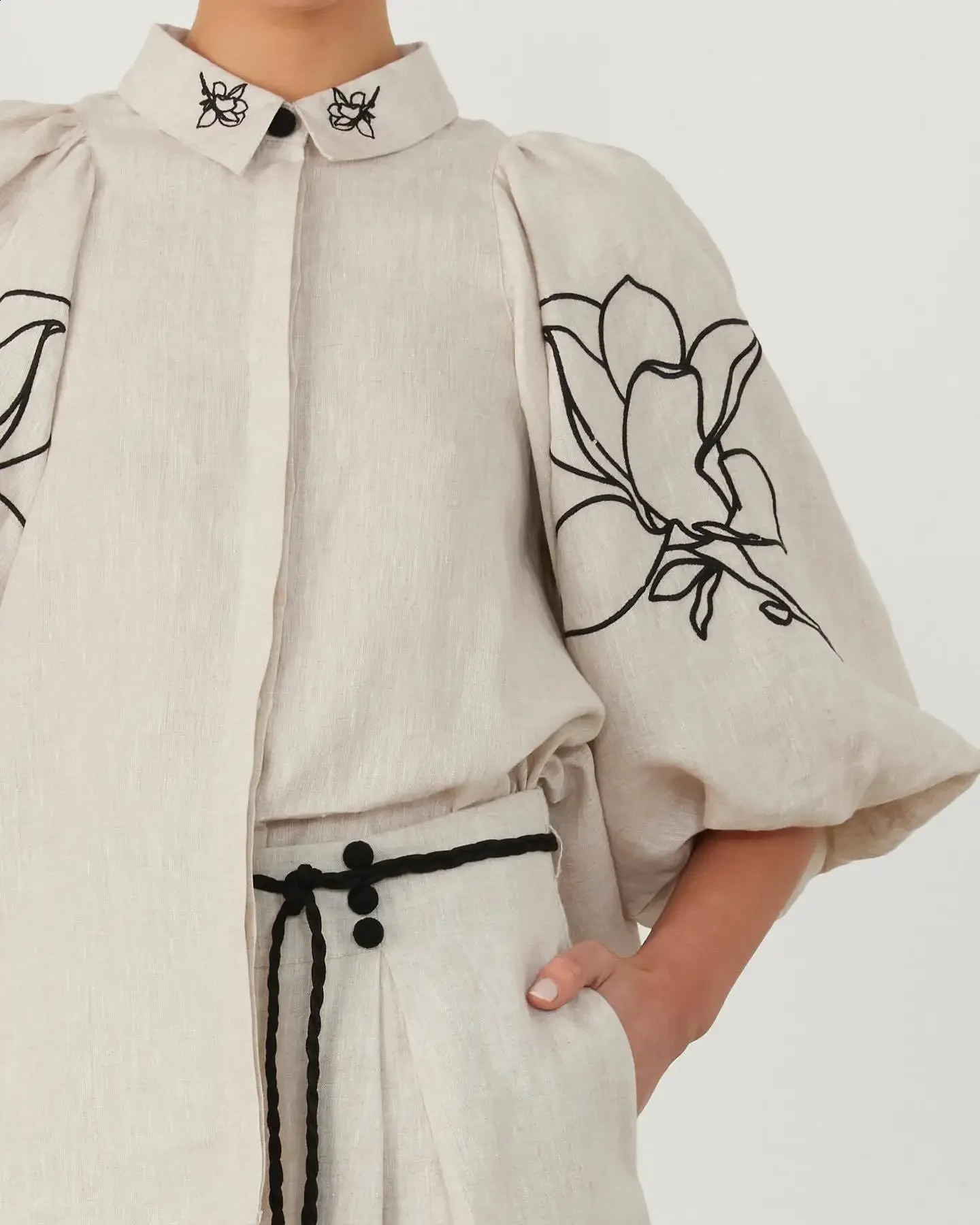 Cotton Sets Linen Stand Collar Lantern Sleeve Loose Flower Tops Wide Leg Oversize Wideleg Pants Summer Female Bubble Sleeve 240921