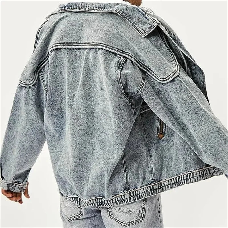 IEFB Autumn Mens Denim Jacket Solid Color Collar US Coat Washing Patch Work Multi Pocket 12A5983 240921