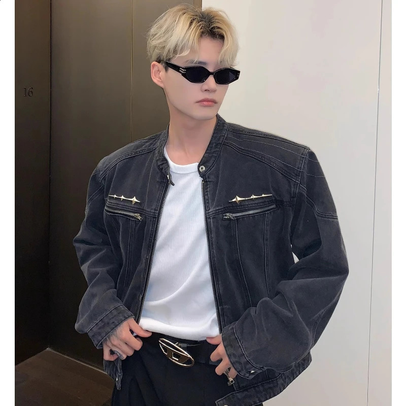 Motorcycle washed denim jacket American street hiphop metal n Distressed Coat zipper pocket loose unisex style 240921
