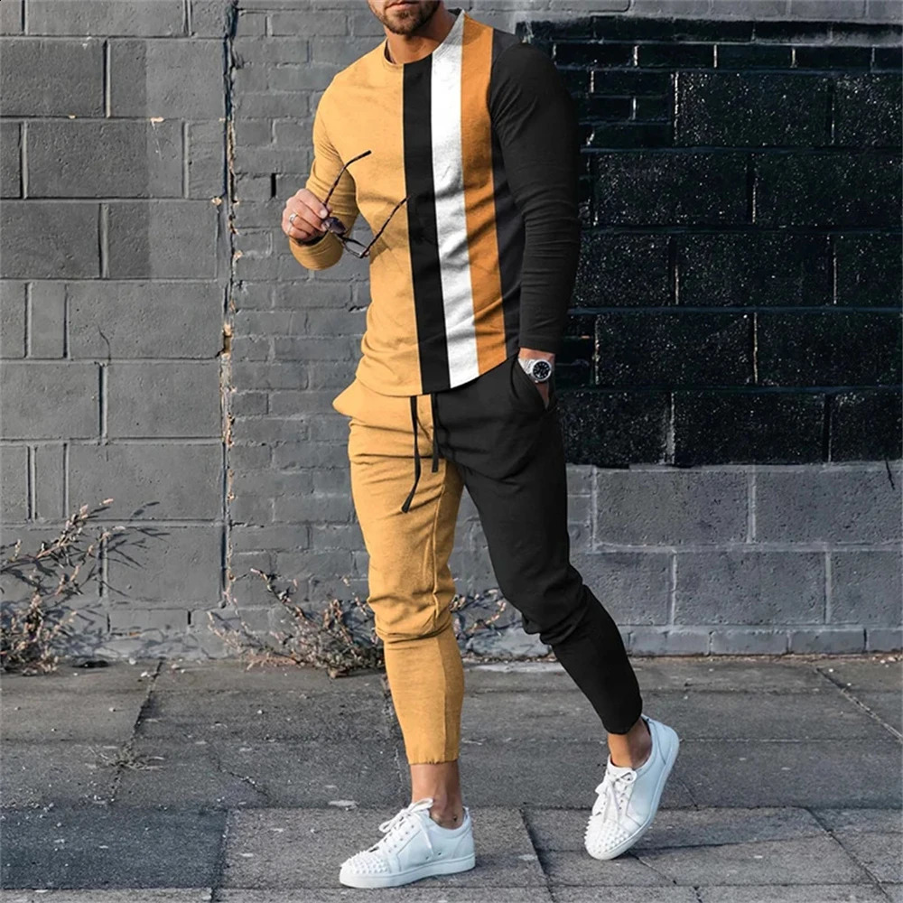 Long Sleeved Suit Mens Plaid 3D Printed Fashion Retro Jogging Sweatshirt Set Spring Fall Crew Neck Sweatshirt And Pants M-3XL 240918