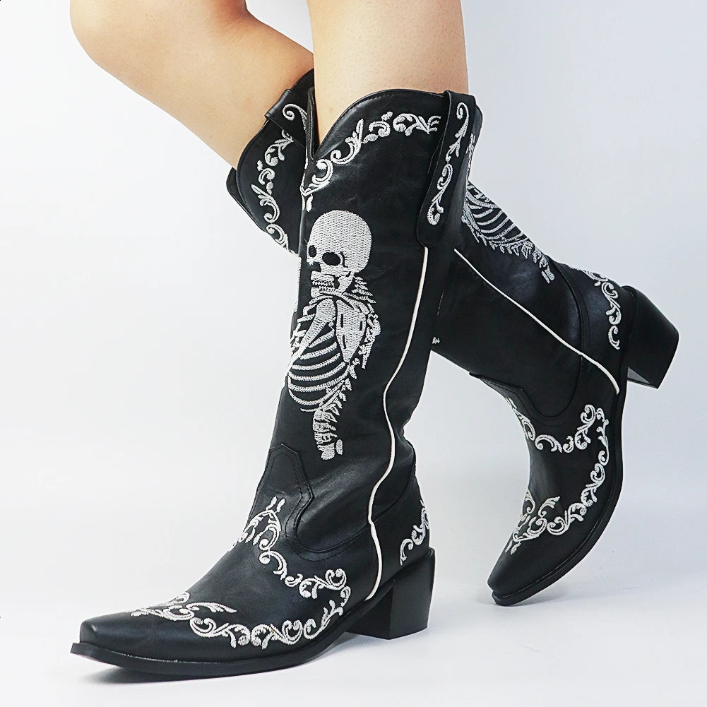 Women Skull Skeleton Selfie Cowboy Western Mid Calf Boots Pointed Toe Slip-On Stacked Heel Goth Punk Autumn Shoes 240921