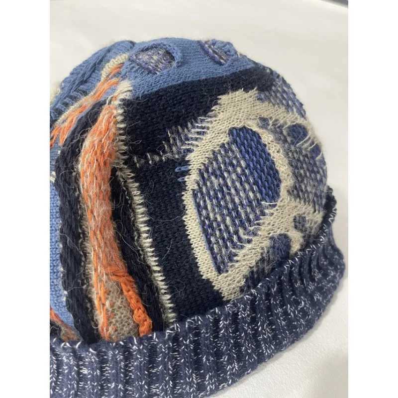Beanie/Skull Caps Kital Jan Handmade Hats Men Knitted Blend Vintage Patchwork Warm Wool C Geometric Color Block Bonnets for Women Winter Hat J240923