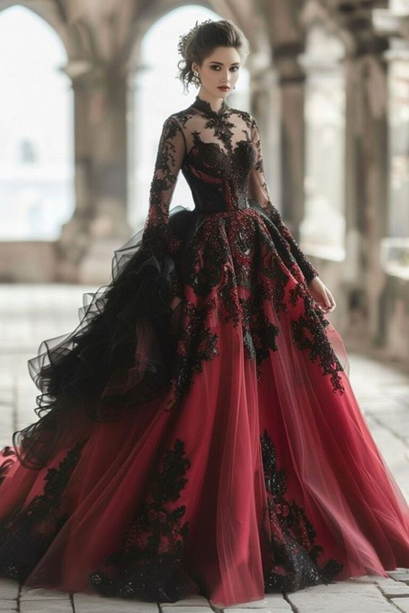 Vintage Black And Bury Prom Dresses With Flare Long Sleeves Ruffles Lace Appliques Princess Evening Gown For Women 2024 Fall Winter Gothic Vestido De 