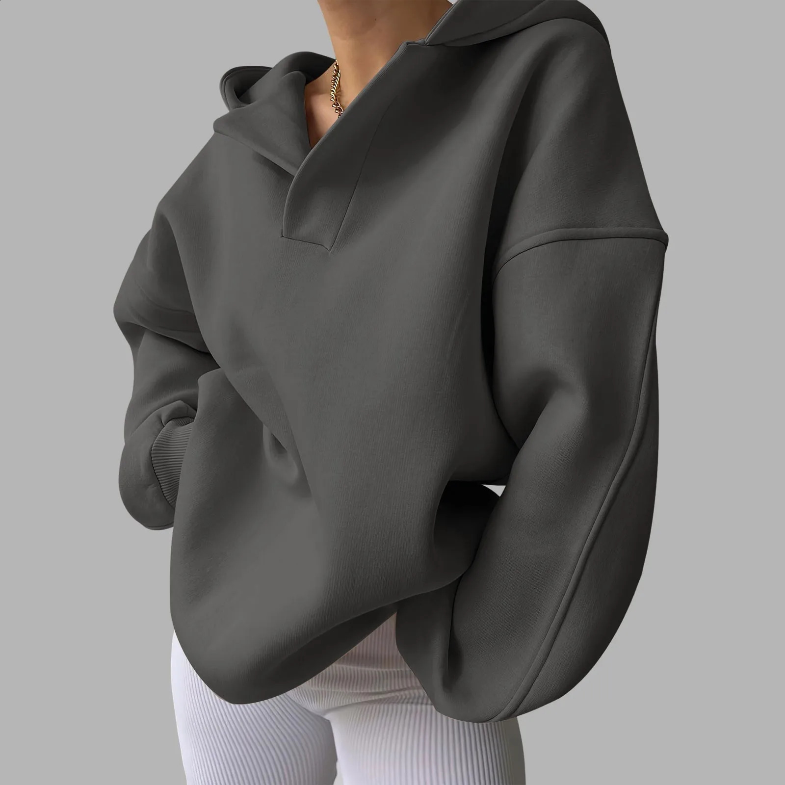 Womens Vneck oversized hooded sweatshirt with pockets classic wool lining womens plain weave 240923