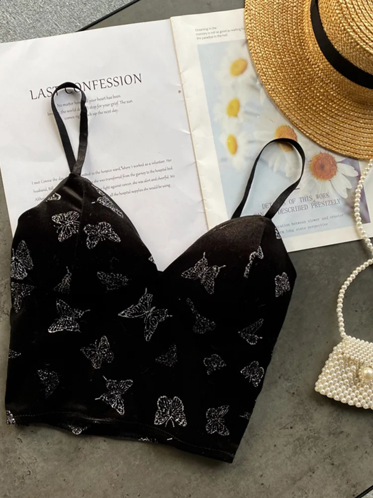 Women Retro Velour Strap Tops Summer V Neck Sleeveless Backless Slim Tank Top Chic Print Sexy Off Shoulder Short Camis 240918