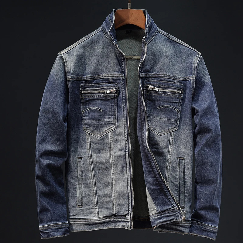 autumn and winter zipper pocket motorcycle denim jacket mens fashion nostalgic ultrathin retro 240921