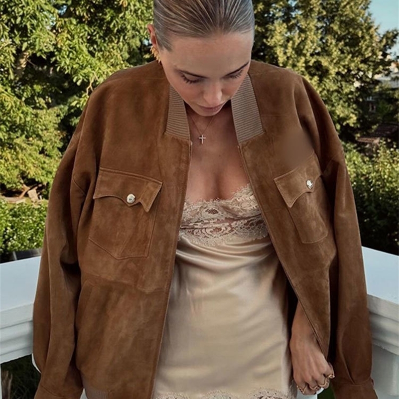 Vintage Brown Zipper Long Sleeved Demi-season Jacket For Women Fashion Stand Collar Suede Leather Coats Autumn Lady Streetwear 240921