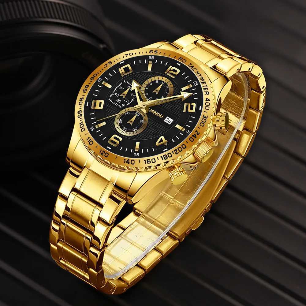 2-piece mens watch bracelet set luxury gold top fashion casual watch with calendar quartz watch Relogio Masculino W240923