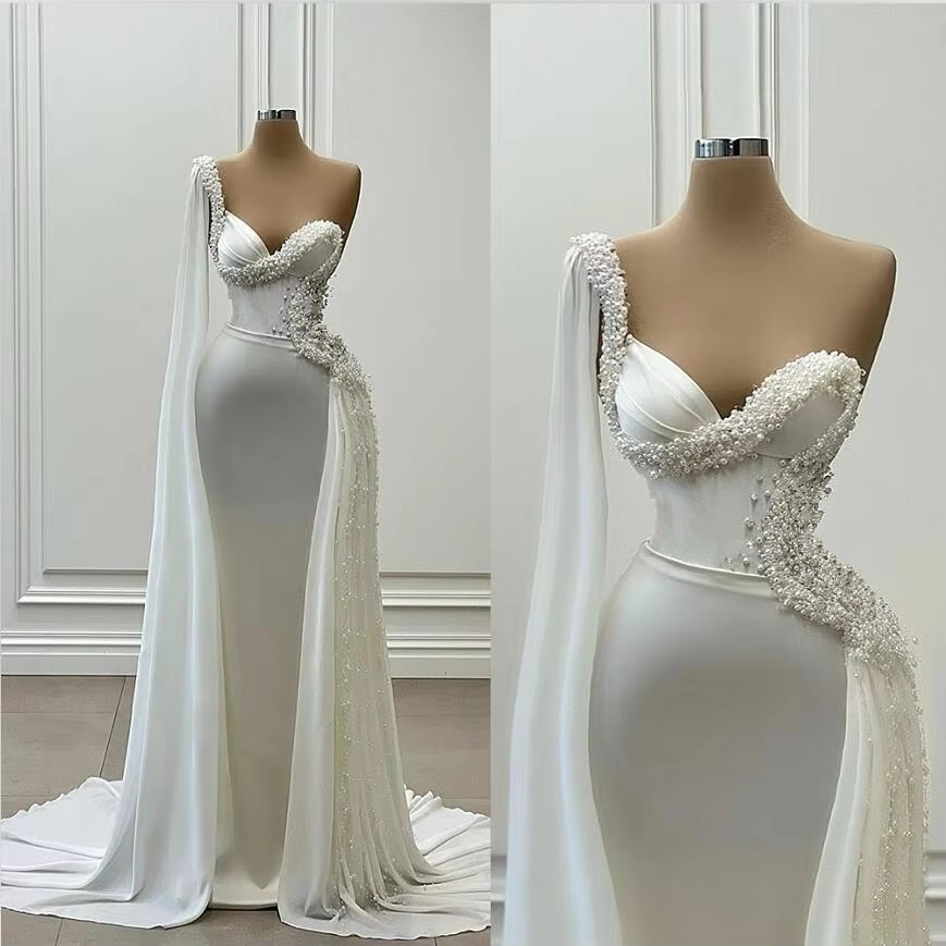 Luxury One Shoulder Wedding Dresses Beaded Pearls Bridal Gown Full Sleeve Formal Gowns Mermaid Evenings Dresses for Weddings Robes De Mariee