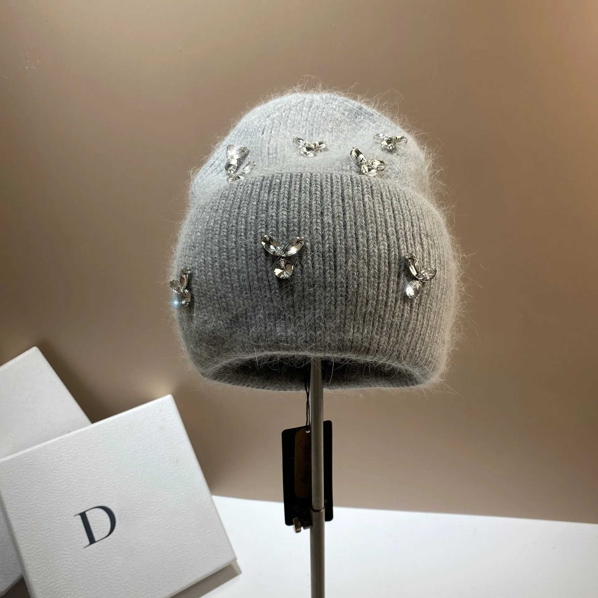Beanie/Skull Caps Angola Rabbit Fur Luxury Rhinestones Winter Beanies Hats for Women Warm Knitted Hat La Outdoor Walking Bonnet Skiing Skullies J240923