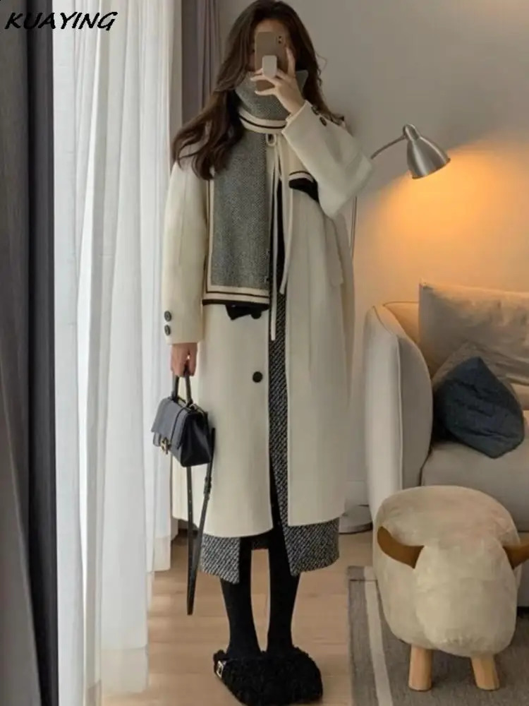 Korean Woolen Coat for Women Single Breasted Hepburn Style Loose Thickened Outerwear Overcoat Winter Female Clothes Warm Cloak 240918