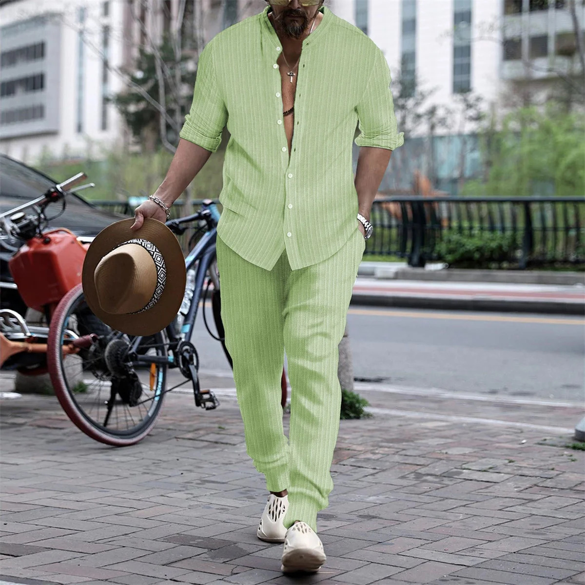 Tiki Mens Shirt Spring And Autumn Casual Shopping Solid Color Striped Long Sleeve Shirt Striped Pants Set Flash Sales 240918
