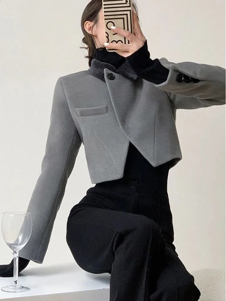 Zoki Vintage Streetwear Cropped Tweed Blazer Women Harajuku Grey Short Coat French Long Sleeve Casual Female Y2K Jacket 240918