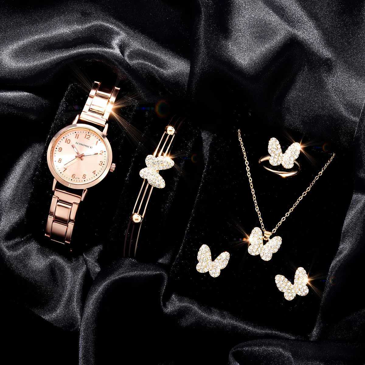 New Hot Selling Fashion Light Luxury Simple Rose Gold Womens Watch and Butterfly Water Diamond Ring Earrings Bracelet NecklaceX240923