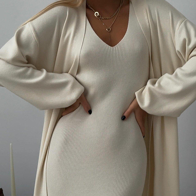 Fashion Autumn Knitting Dresses Set Women Temperament Slim Sling Long Dress with Cardigan Sweater Elegant Two Piece Suit