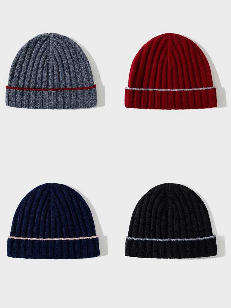 Beanie/Skull Caps Contrast Trim Ribbed Wool Beanie Men Women Knitted Winter Hat J240923