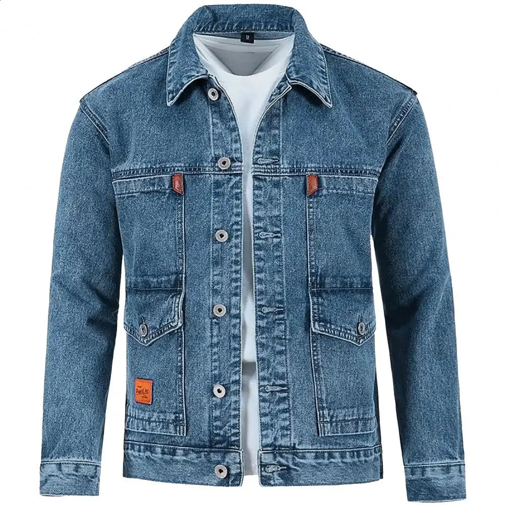 SpringAutumn Mens Denim Jacket Casual Solid Color Fashion Motorcycle Medium Length for Dating 240921