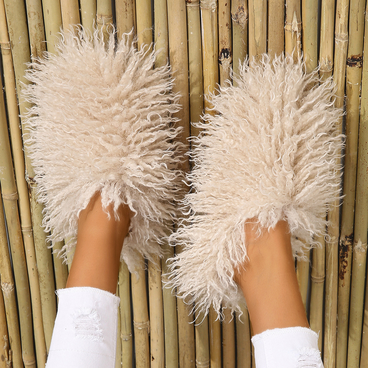 Cozy 2024 Winter Fur Slippers for Women: Warm Faux Shearg Tan Sheepskin Baotou Home Shoes 4f88