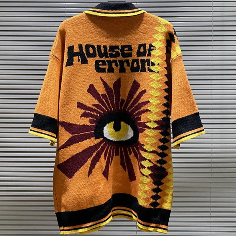 House of Errors Pullover High Street Hip Hop Polo Neck Knitwear Casual Mens HOUSE OF ERRORS Short Sleeve Sweaters 240915