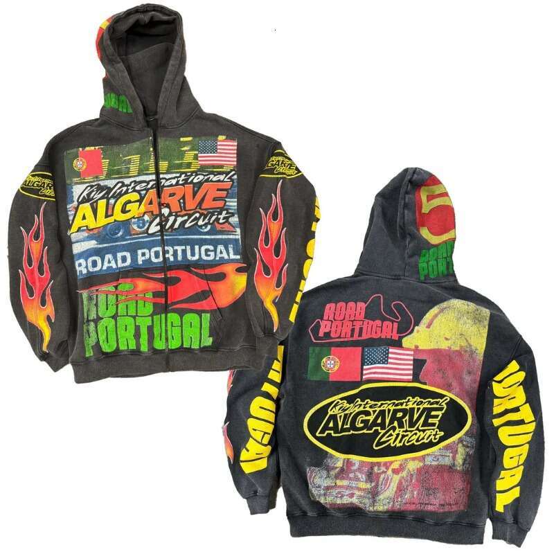 American 2024 European hoodies high street Y2K casual trendy loose and versatile zipper flame letter print super sweatshirt