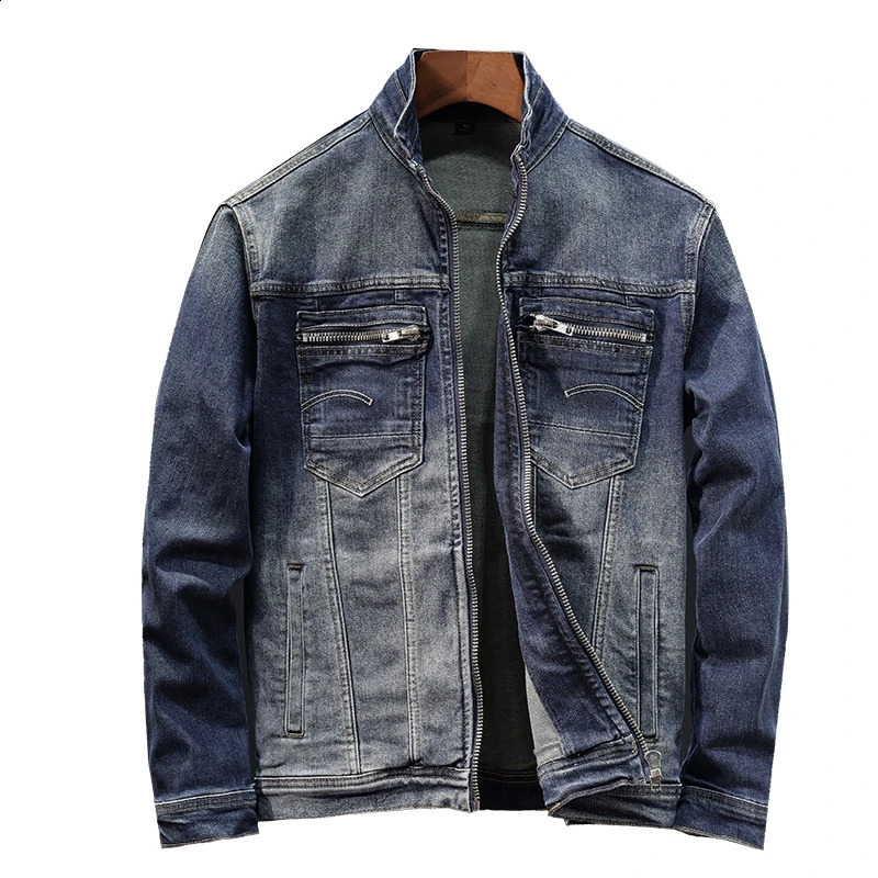 autumn and winter zipper pocket motorcycle denim jacket mens fashion nostalgic ultrathin retro 240921