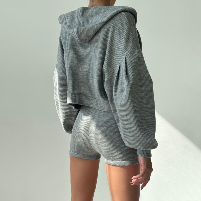 121 Yoga Top Sweatshorts Hoodie Three Pcs Set Women Sport Suit Knitted Zipper Hooded Cardigan Sweatshirt V-neck Triangular Cup Chest High