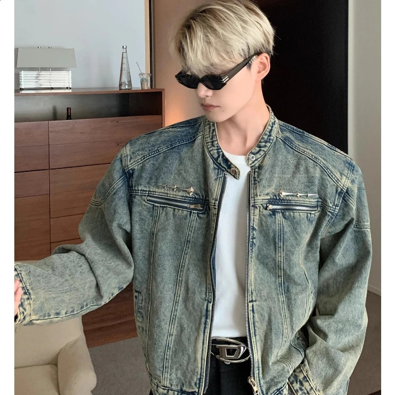 Motorcycle washed denim jacket American street hiphop metal n Distressed Coat zipper pocket loose unisex style 240921
