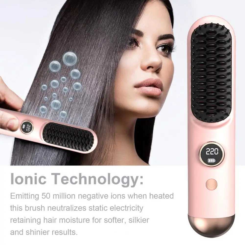 Straight hair brush LCD display screen 9 temperature adjustable fast heating charging cordless negative ion hot brush electric curling CL240923