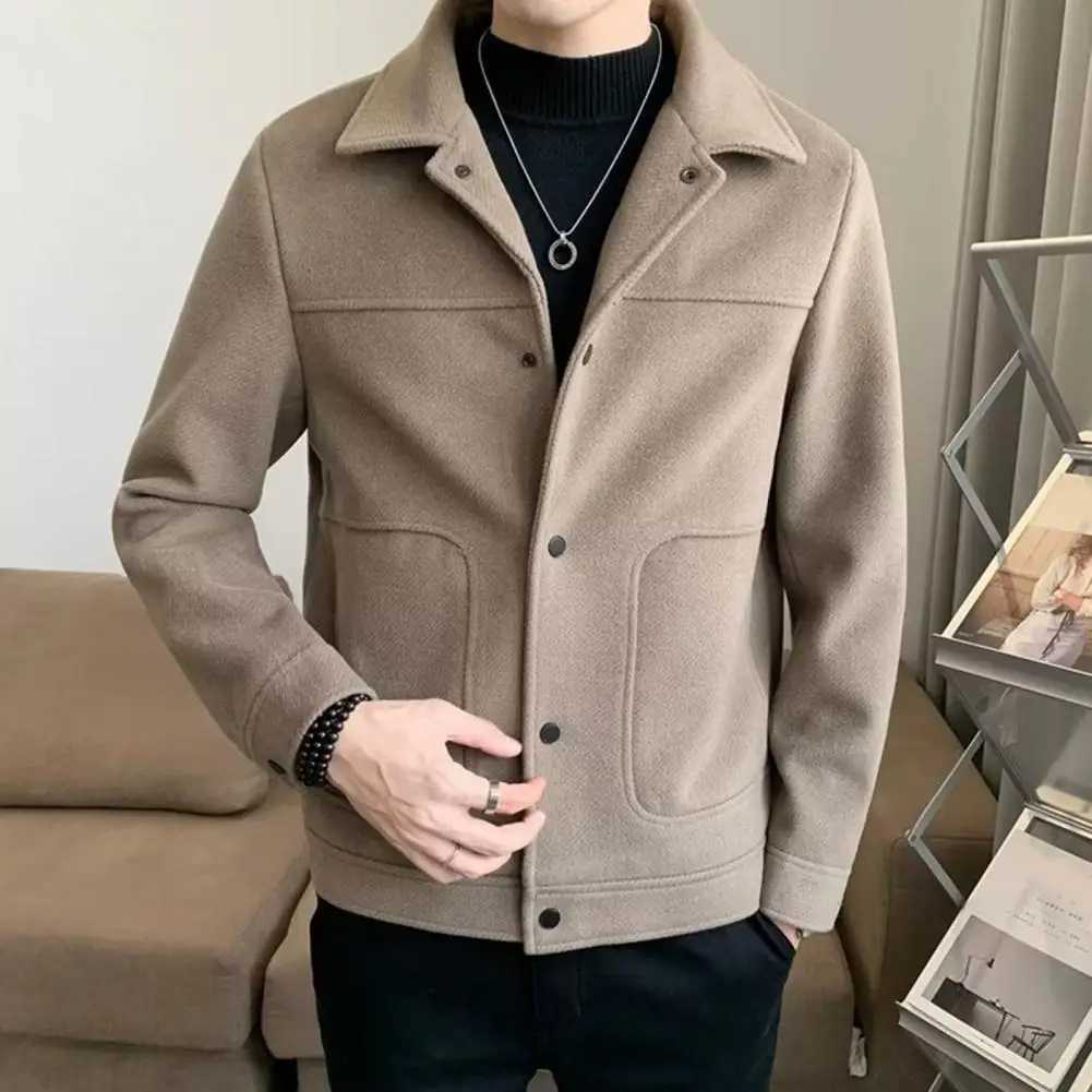 Winter mens jacket with a single breasted thick wool coat long sleeved loose solid color warm pocket mens winter jacket W240921