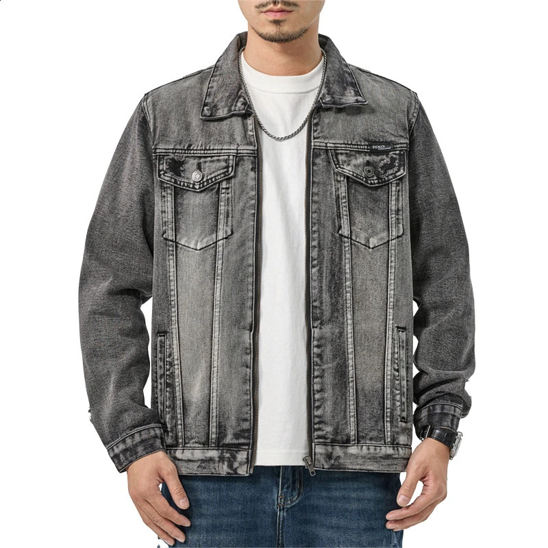 Mens Fashion Denim Jacket Smoke Grey Zipper and Comfortable Fit 240921